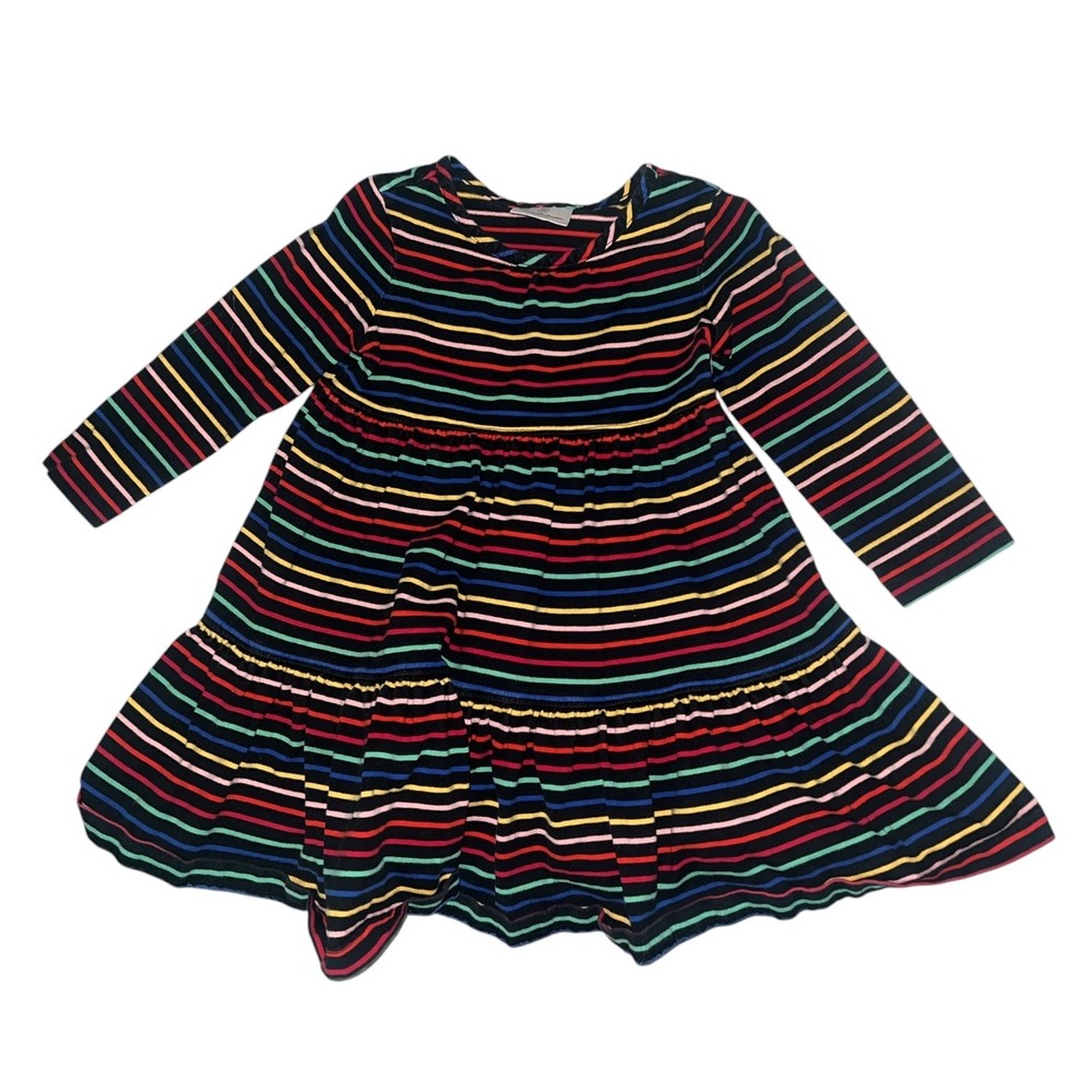 Hanna Andersson Girls Rainbow Stripe Tiered Long Sleeve Cotton Dress Size 90 2T